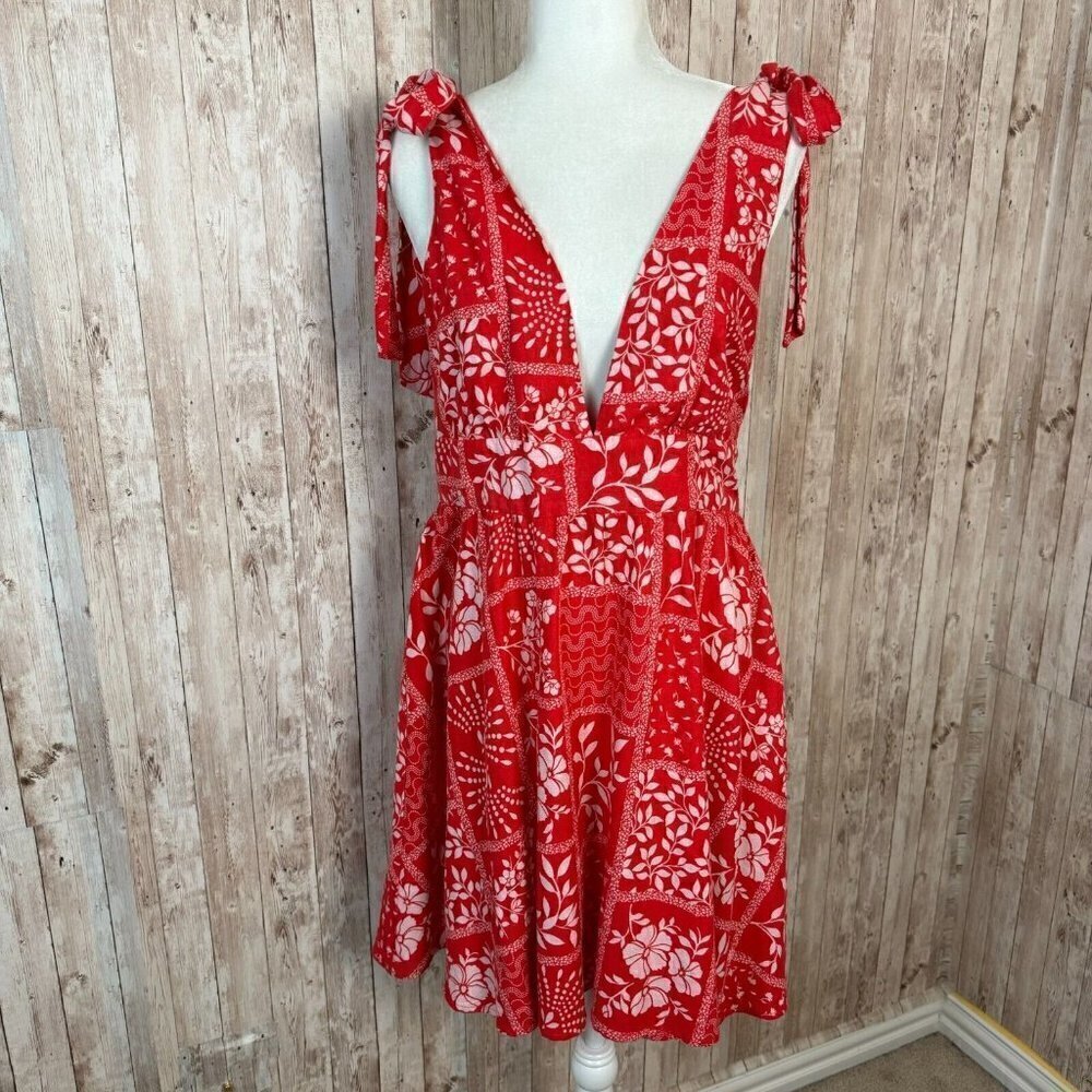 House of Harlow 1960 Mini Sundress Floral Shoulder Tie Strap Red White Medium